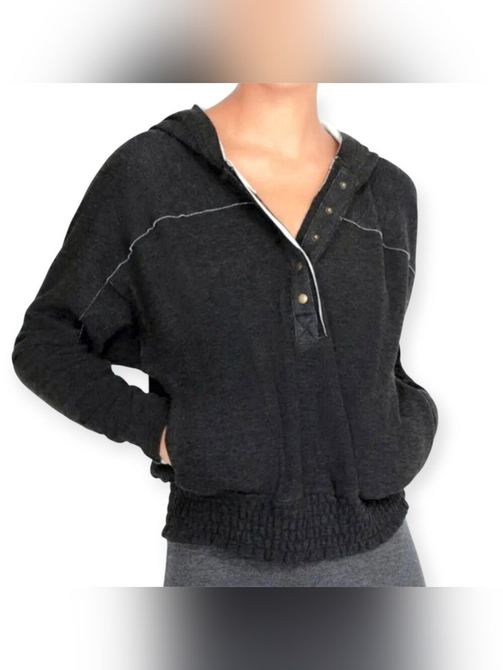 Johnny Was Calme Cozy‎ Soft Warm Smocked Hoodie Snap Pullover Sweatshirt Size XL